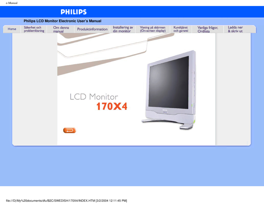 Philips 170X4 user manual Philips LCD Monitor Electronic User’s Manual 