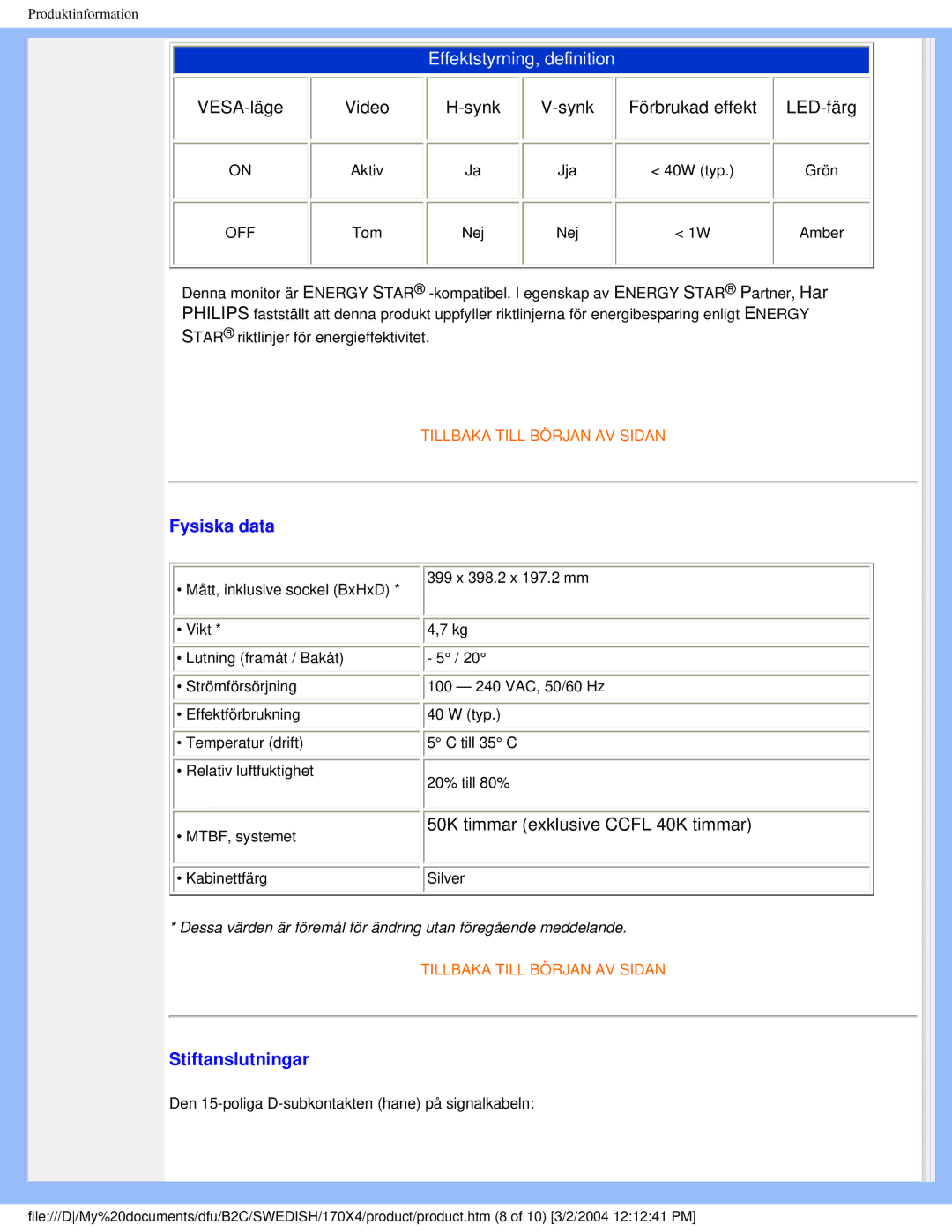 Philips 170X4 user manual Fysiska data, Stiftanslutningar 