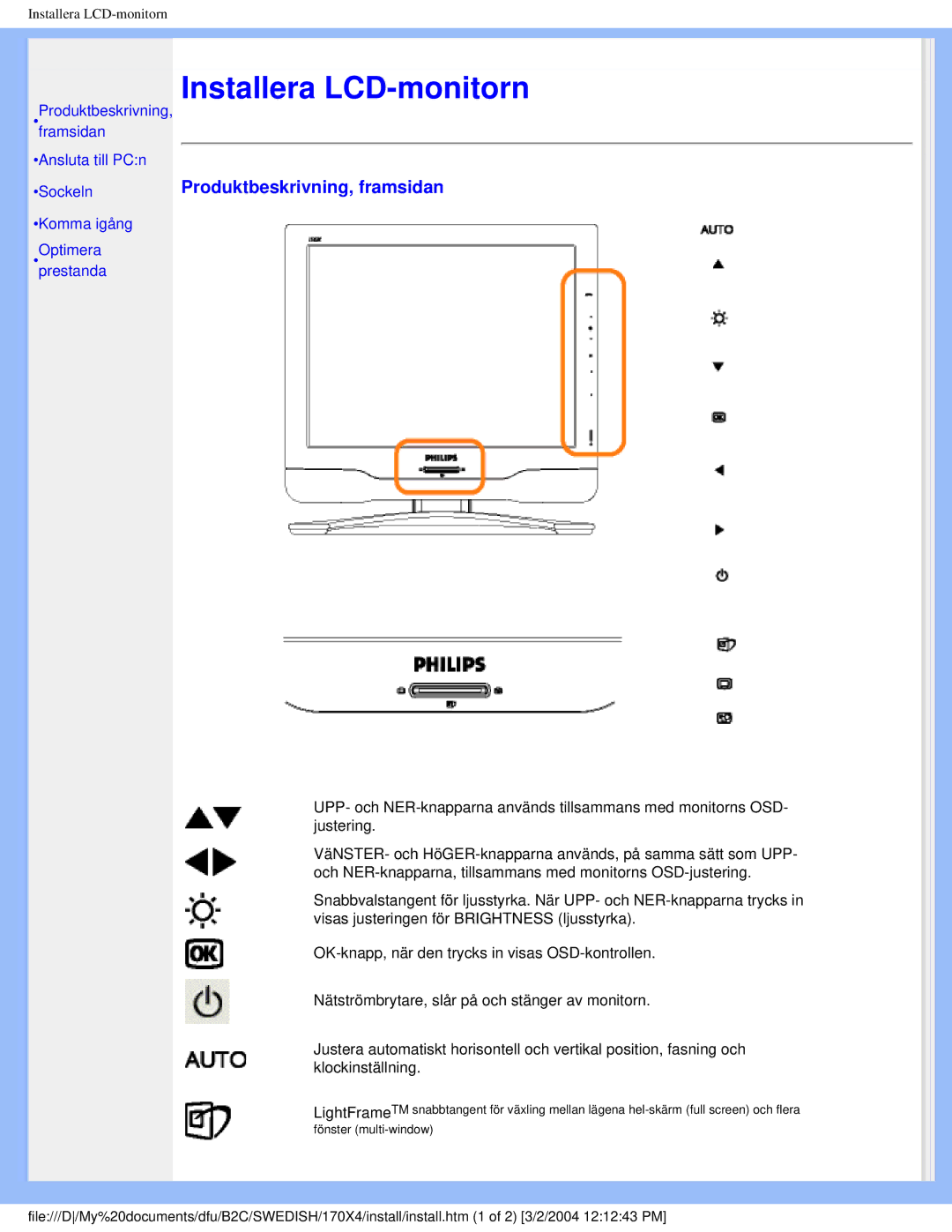 Philips 170X4 user manual Installera LCD-monitorn, Produktbeskrivning, framsidan 