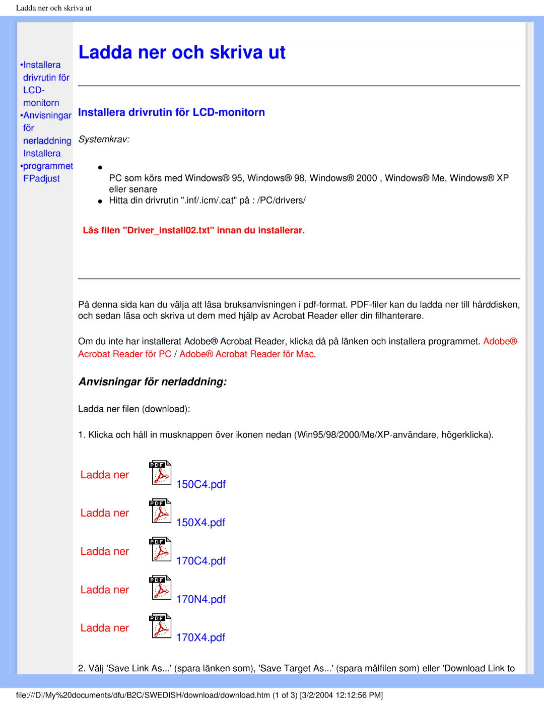 Philips 170X4 user manual Ladda ner och skriva ut, Installera drivrutin för LCD-monitorn 