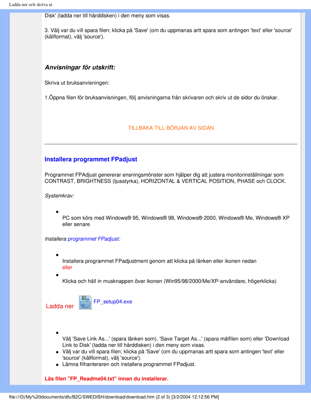 Philips 170X4 user manual Anvisningar för utskrift, Installera programmet FPadjust 