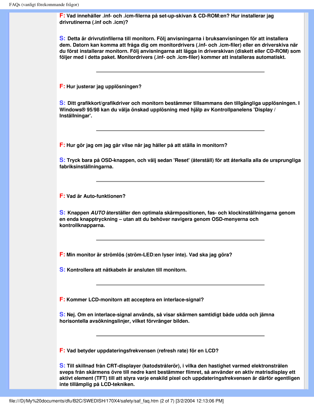 Philips 170X4 user manual FAQs vanligt förekommande frågor 