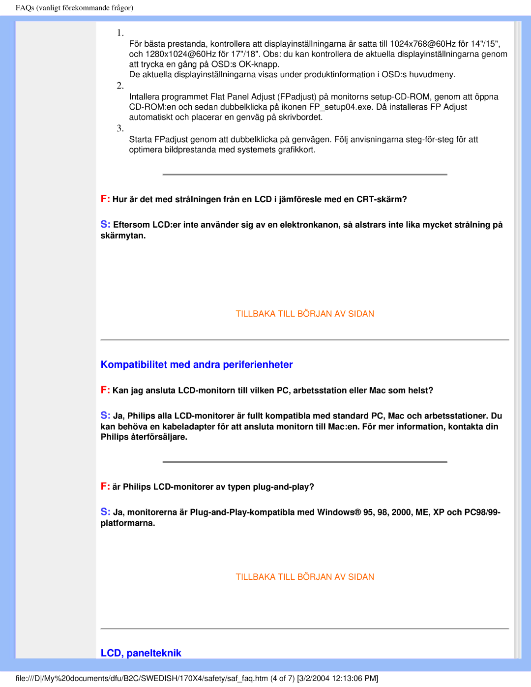 Philips 170X4 user manual Kompatibilitet med andra periferienheter, LCD, panelteknik 