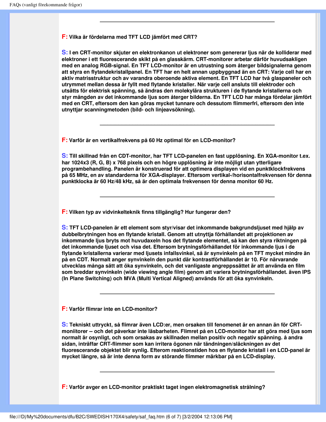 Philips 170X4 user manual FAQs vanligt förekommande frågor 