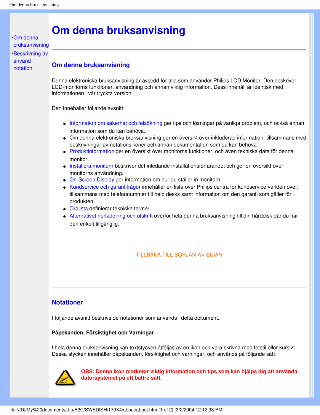 Philips 170X4 user manual Om denna bruksanvisning, Notationer 