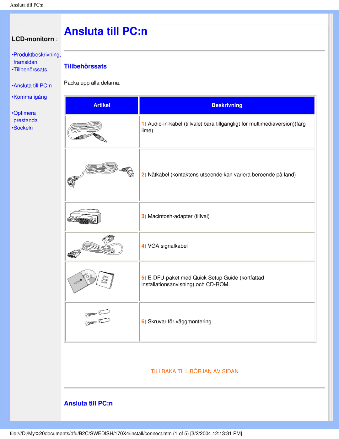 Philips 170X4 user manual Tillbehörssats, Ansluta till PCn 