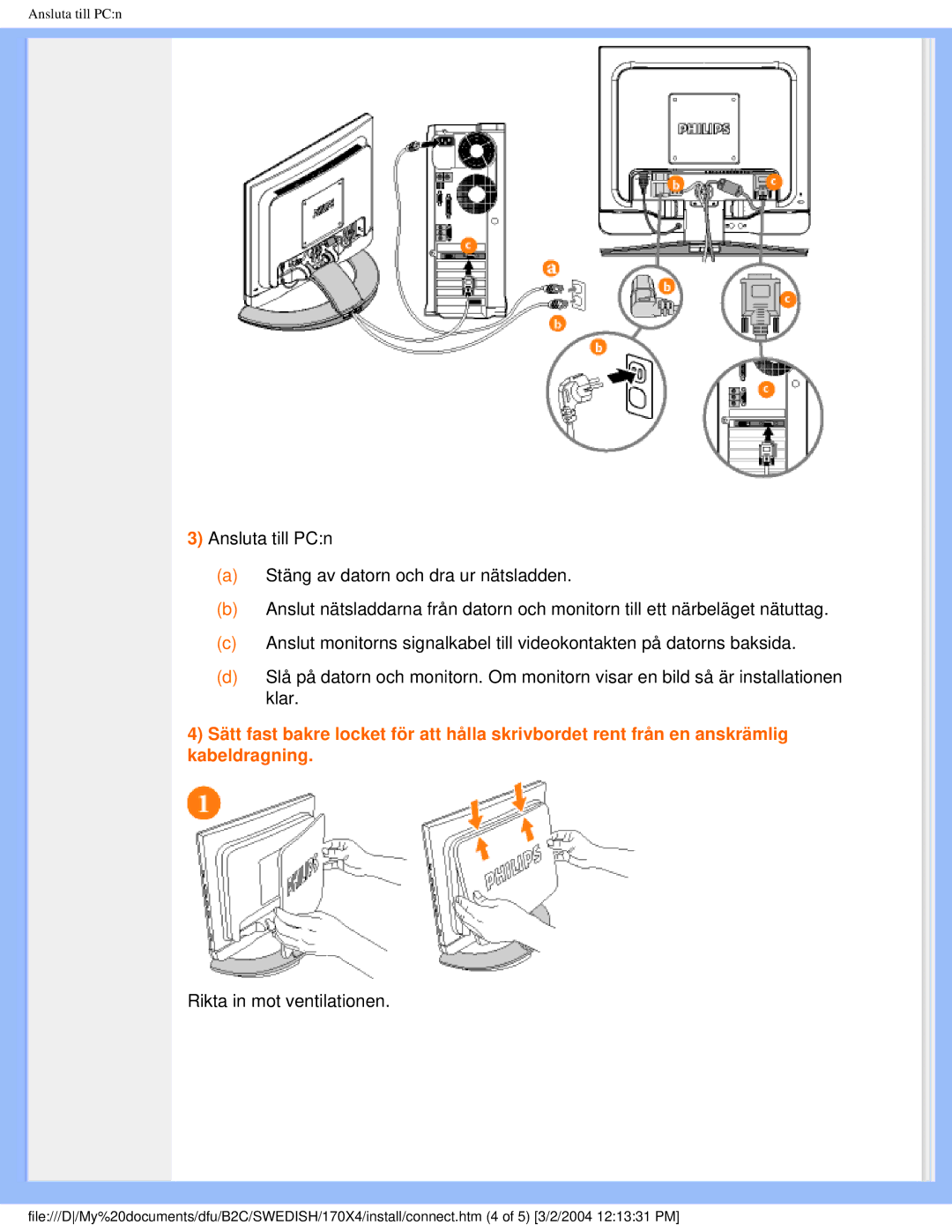 Philips 170X4 user manual Rikta in mot ventilationen 