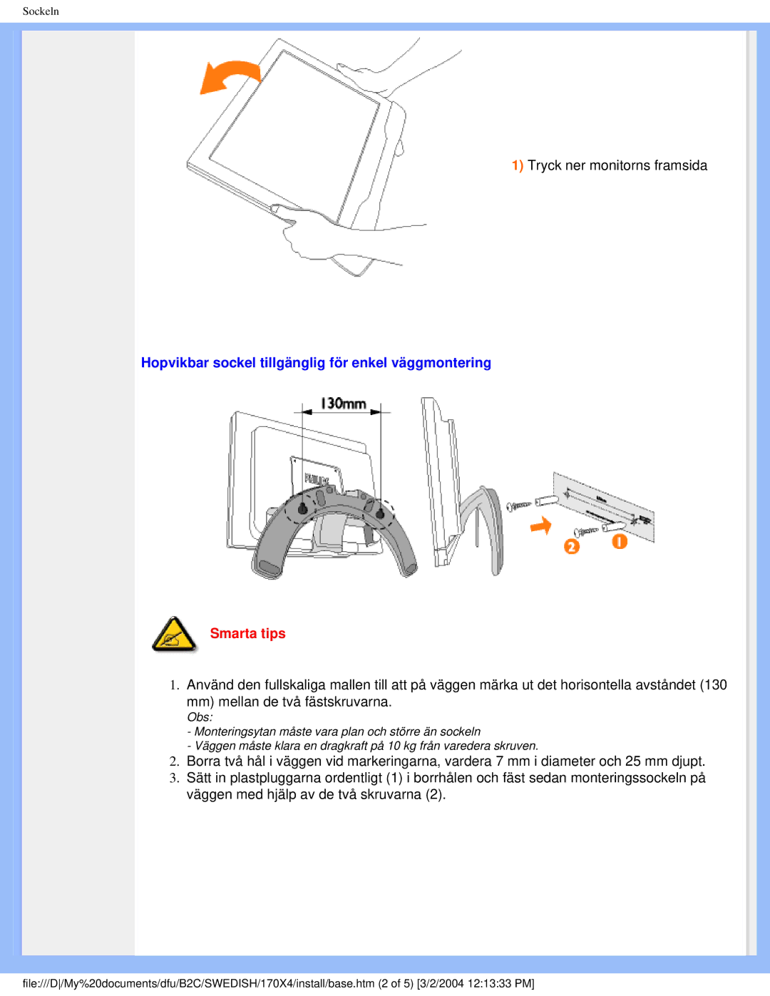 Philips 170X4 user manual Hopvikbar sockel tillgänglig för enkel väggmontering, Smarta tips 