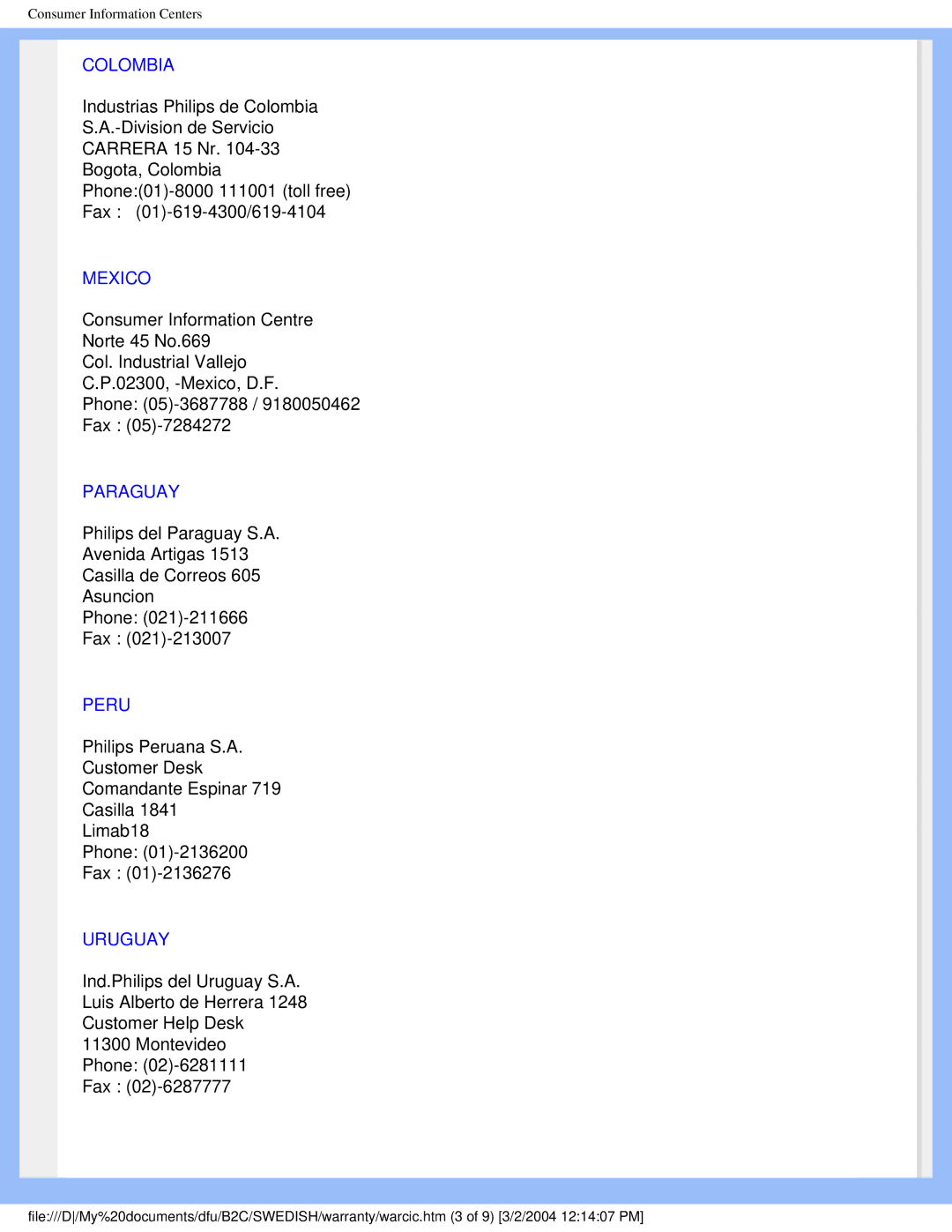 Philips 170X4 user manual Colombia, Mexico, Paraguay, Peru, Uruguay 