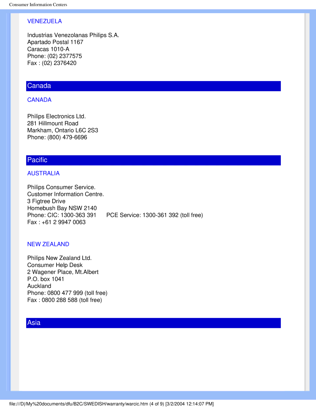 Philips 170X4 user manual Venezuela, Canada, Australia, NEW Zealand 