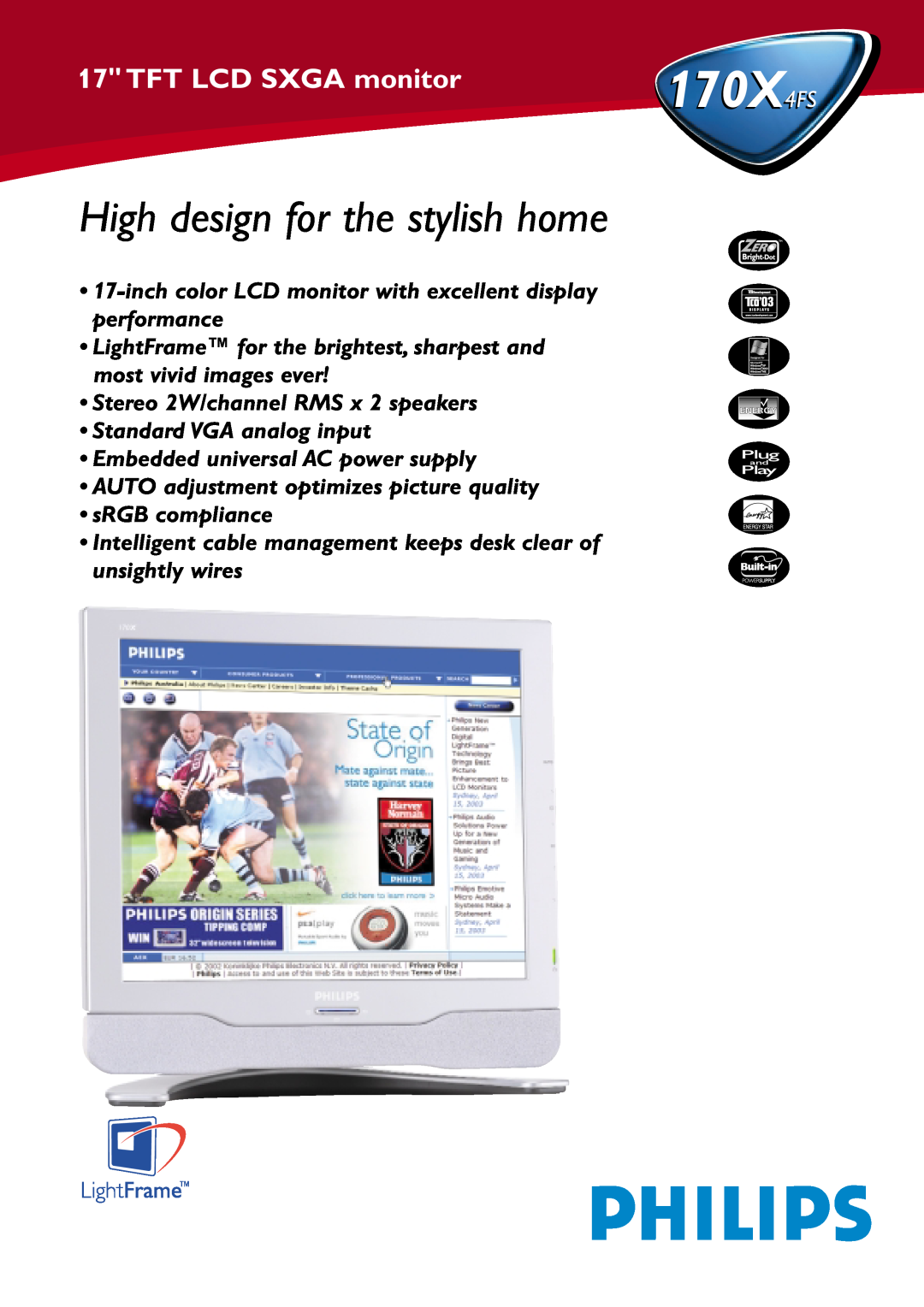 Philips 170X4FS manual High design for the stylish home, TFT LCD SXGA monitor 