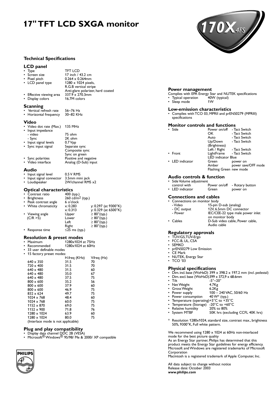 Philips 170X4FS Technical Specifications LCD panel, Scanning, Video, Audio, Optical characteristics, Power management 