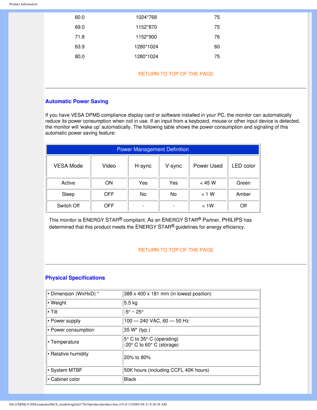 Philips 170x5 user manual Automatic Power Saving, Physical Specifications 