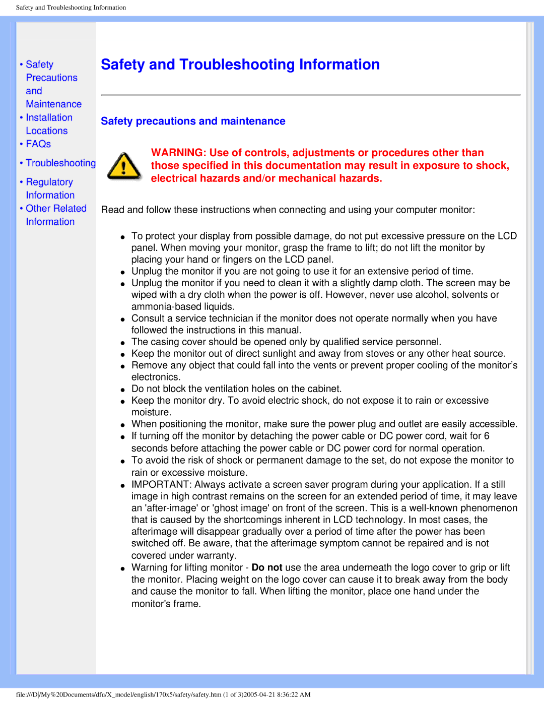 Philips 170x5 user manual Safety and Troubleshooting Information 