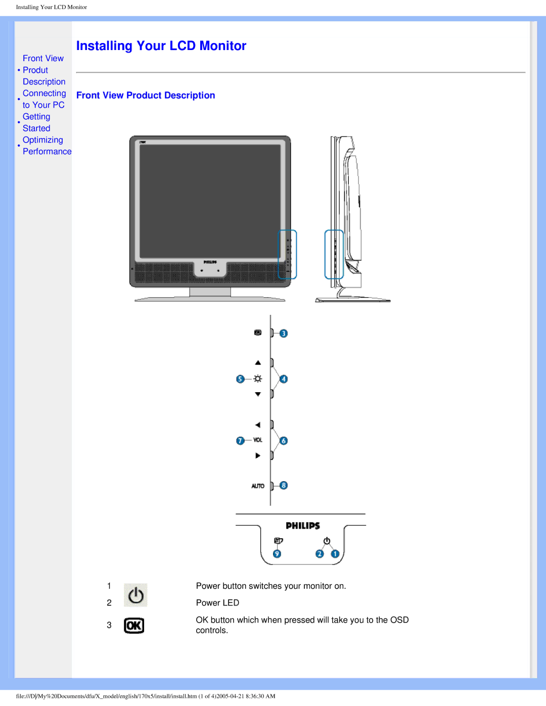 Philips 170x5 user manual Installing Your LCD Monitor, Front View Product Description 