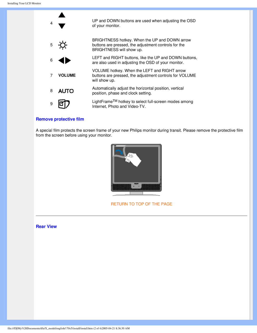 Philips 170x5 user manual Remove protective film, Rear View 