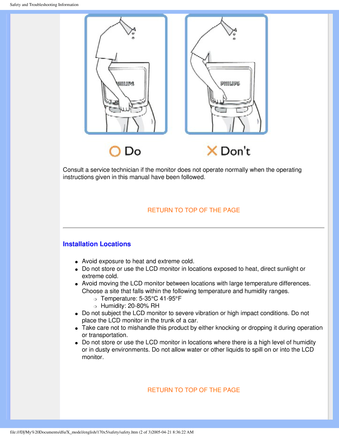 Philips 170x5 user manual Installation Locations 