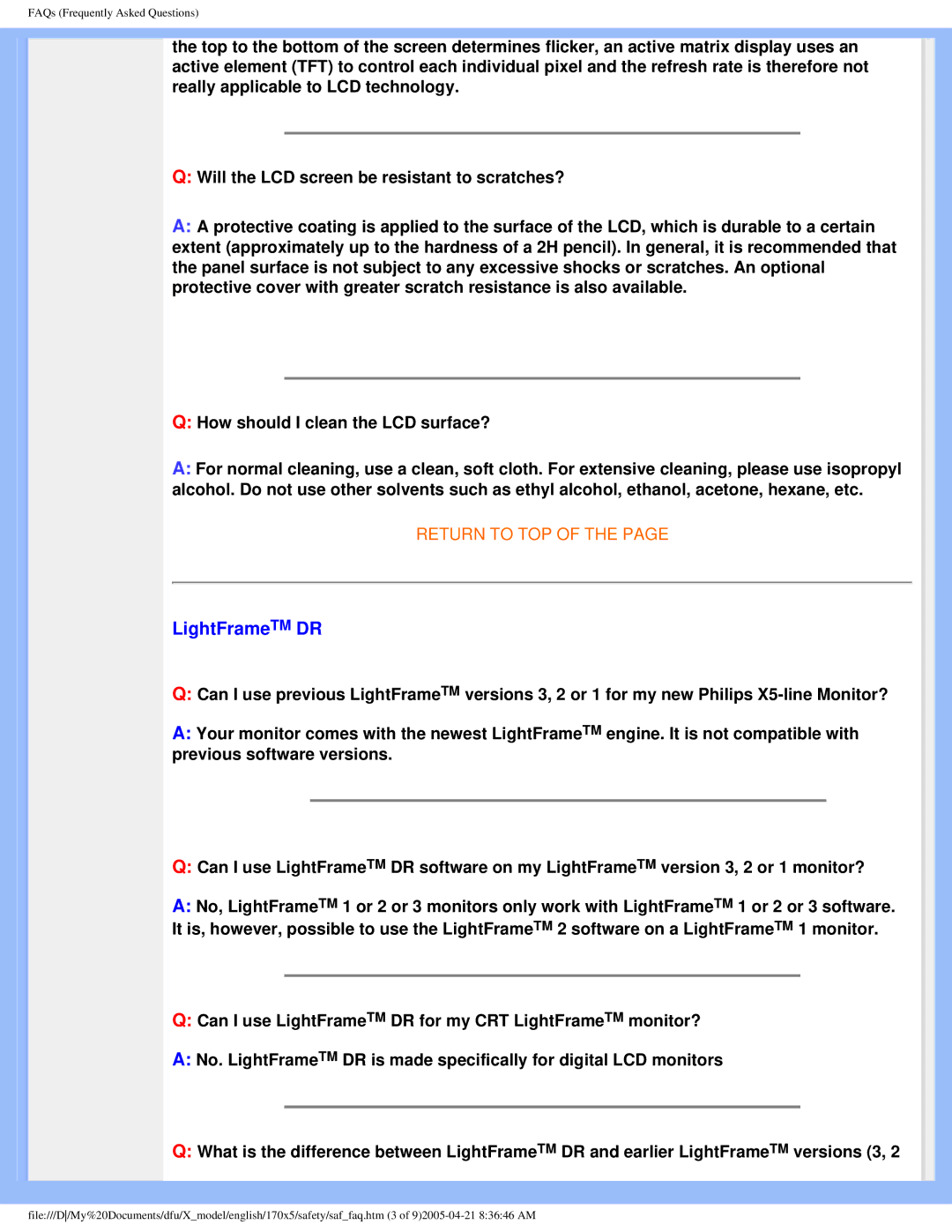 Philips 170x5 user manual LightFrameTM DR 