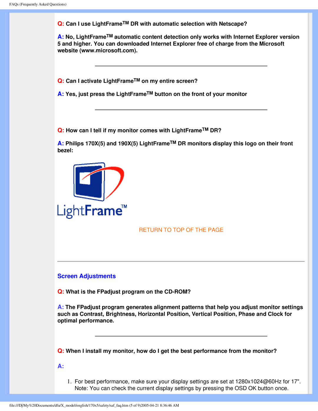 Philips 170x5 user manual Screen Adjustments 