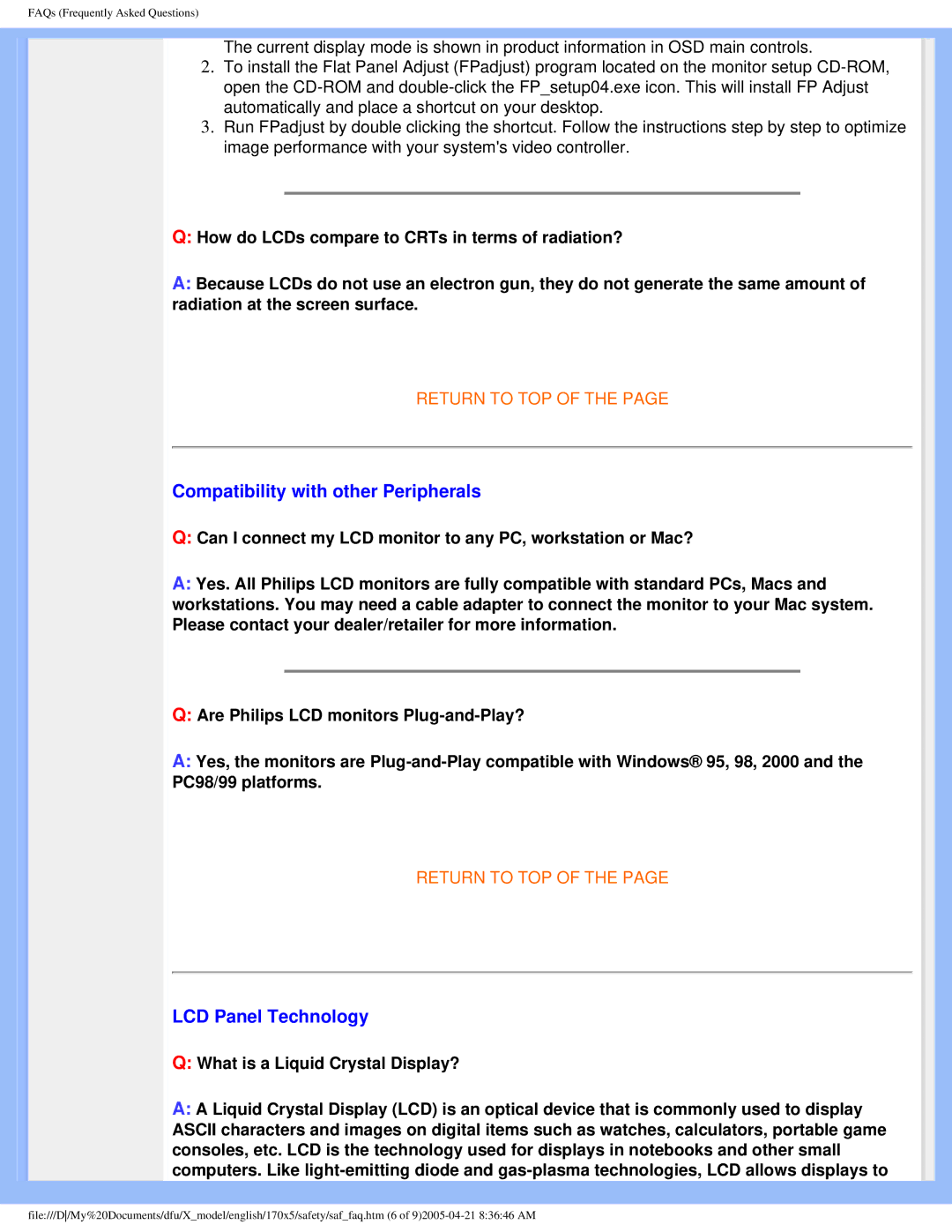 Philips 170x5 user manual Compatibility with other Peripherals, LCD Panel Technology 