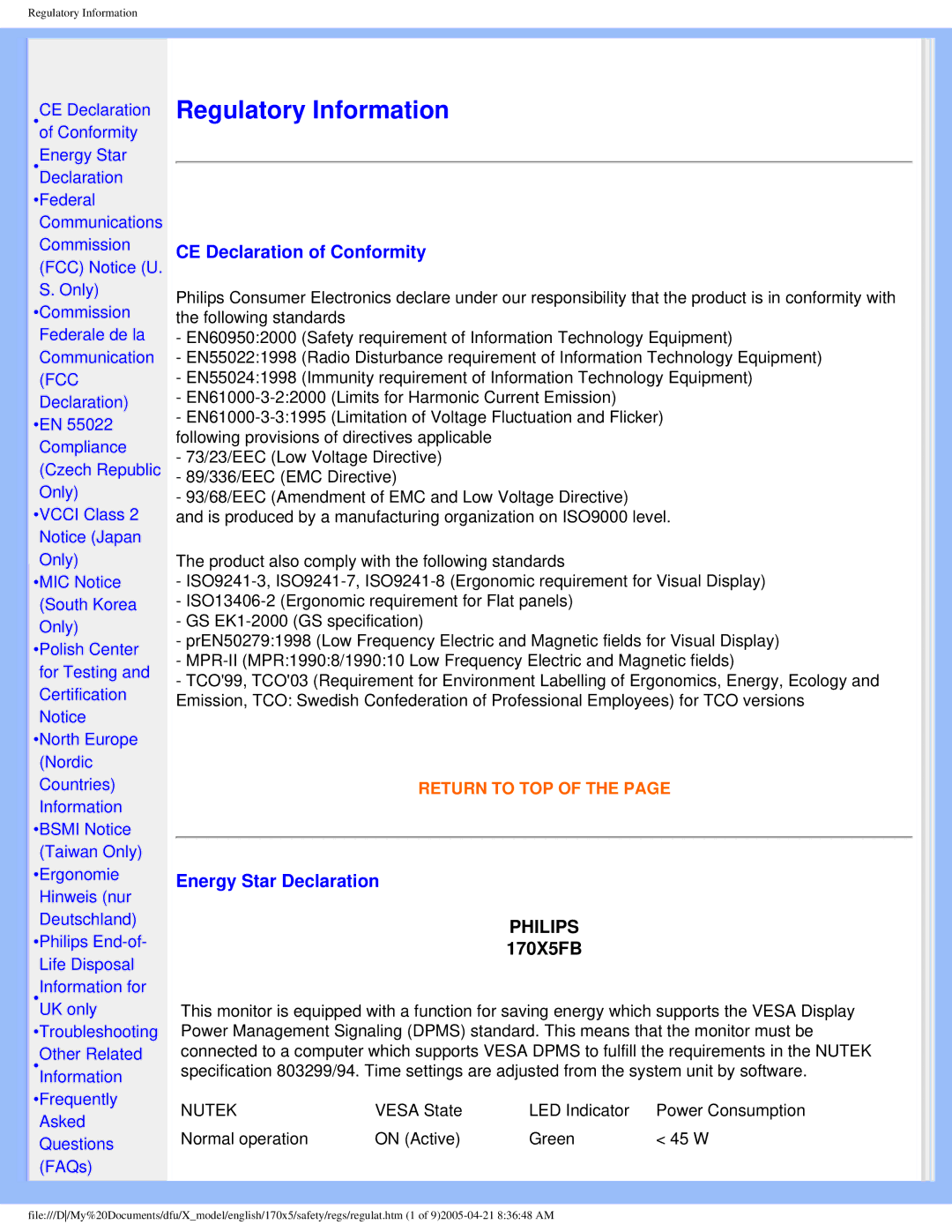 Philips 170x5 user manual CE Declaration of Conformity, Energy Star Declaration 