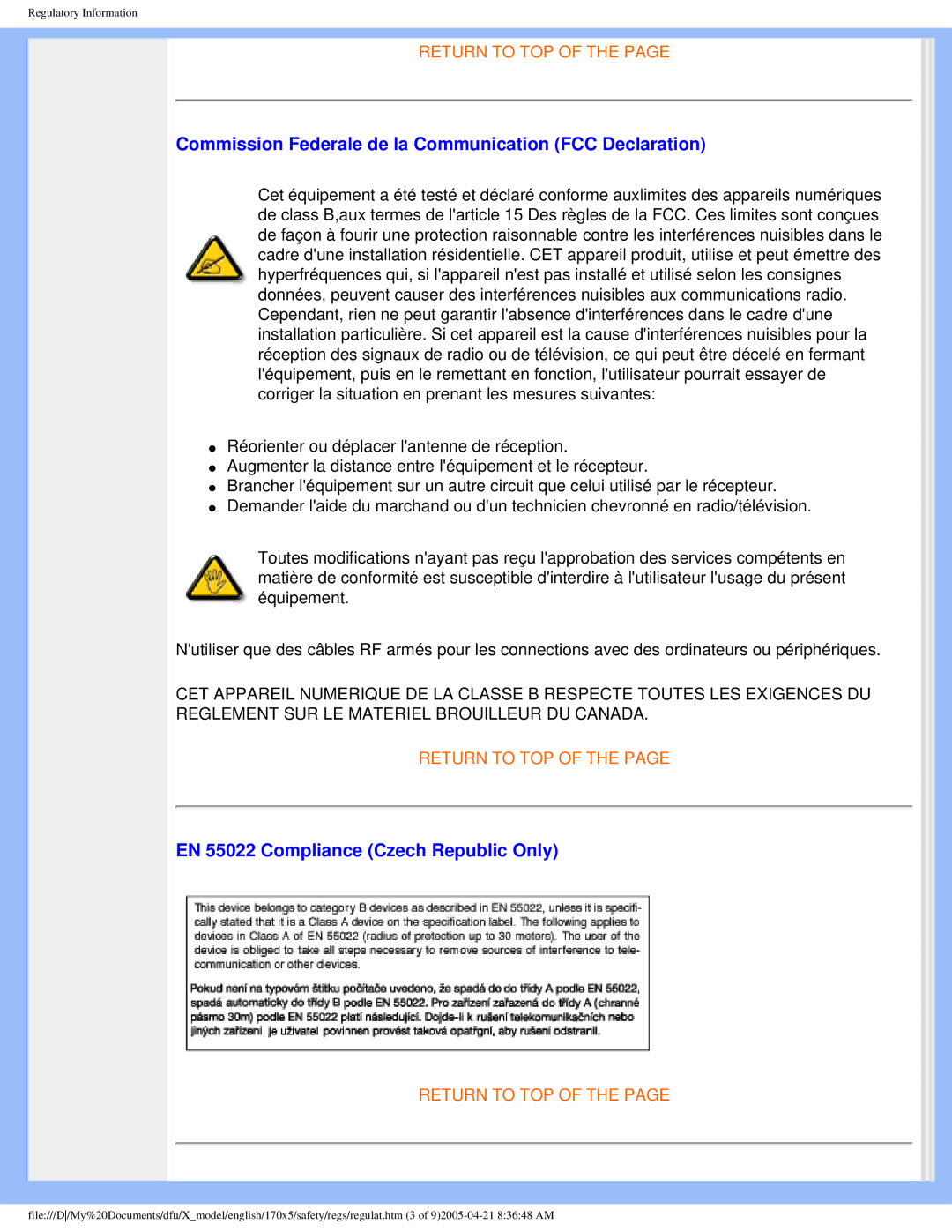 Philips 170x5 user manual Commission Federale de la Communication FCC Declaration, EN 55022 Compliance Czech Republic Only 