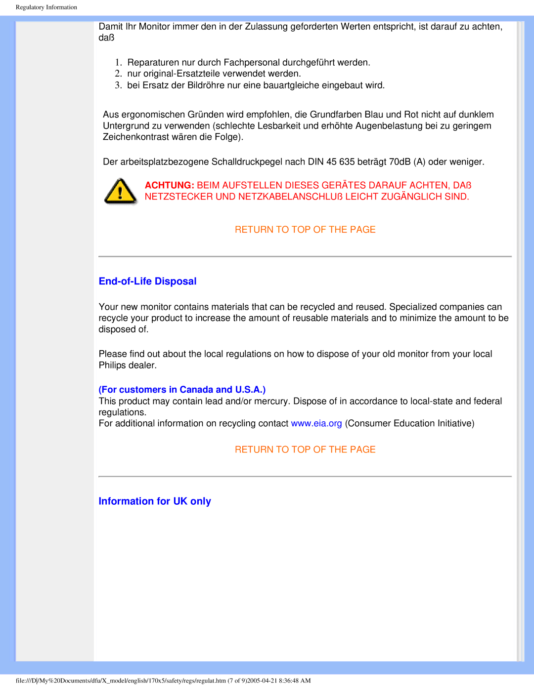 Philips 170x5 user manual End-of-Life Disposal, Information for UK only, For customers in Canada and U.S.A 