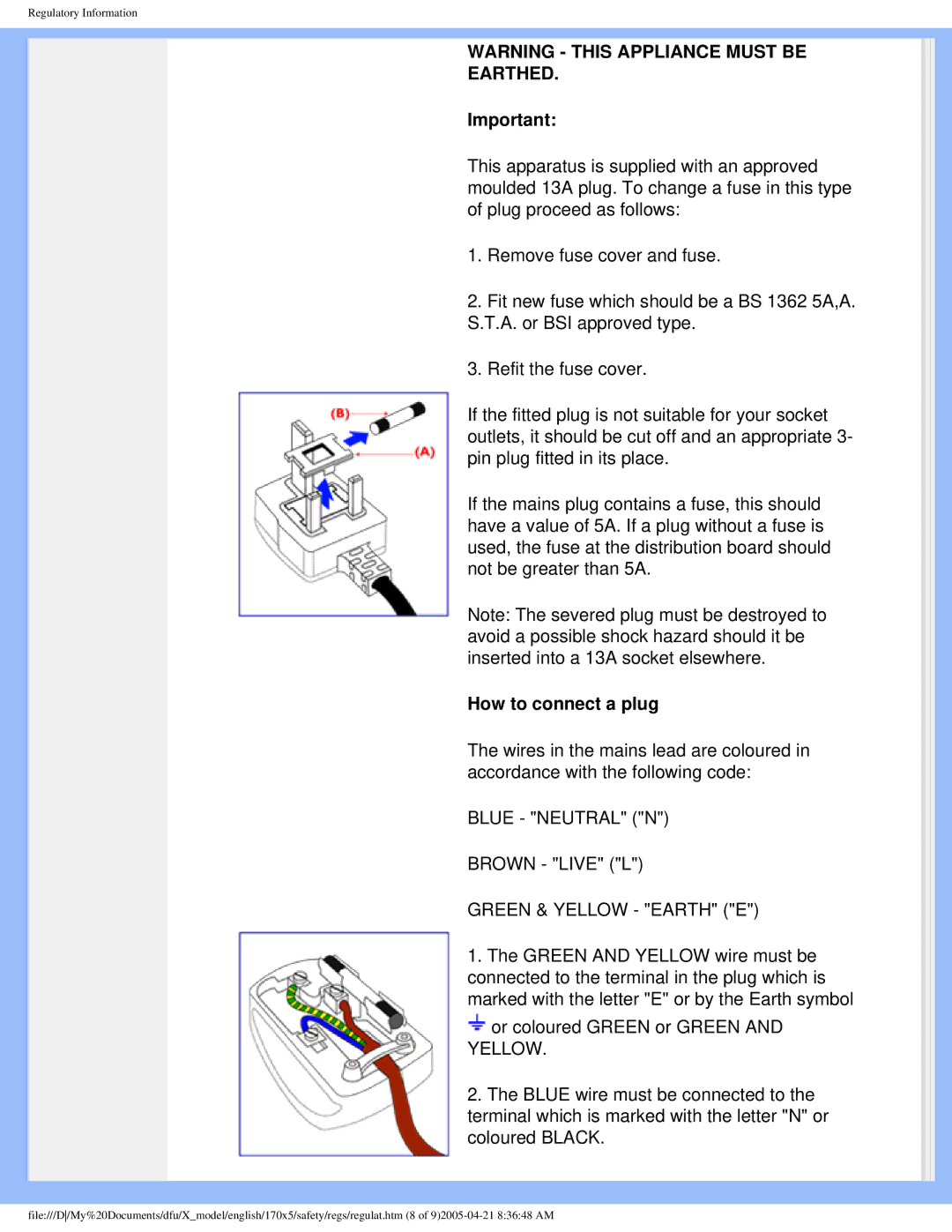 Philips 170x5 user manual Earthed 