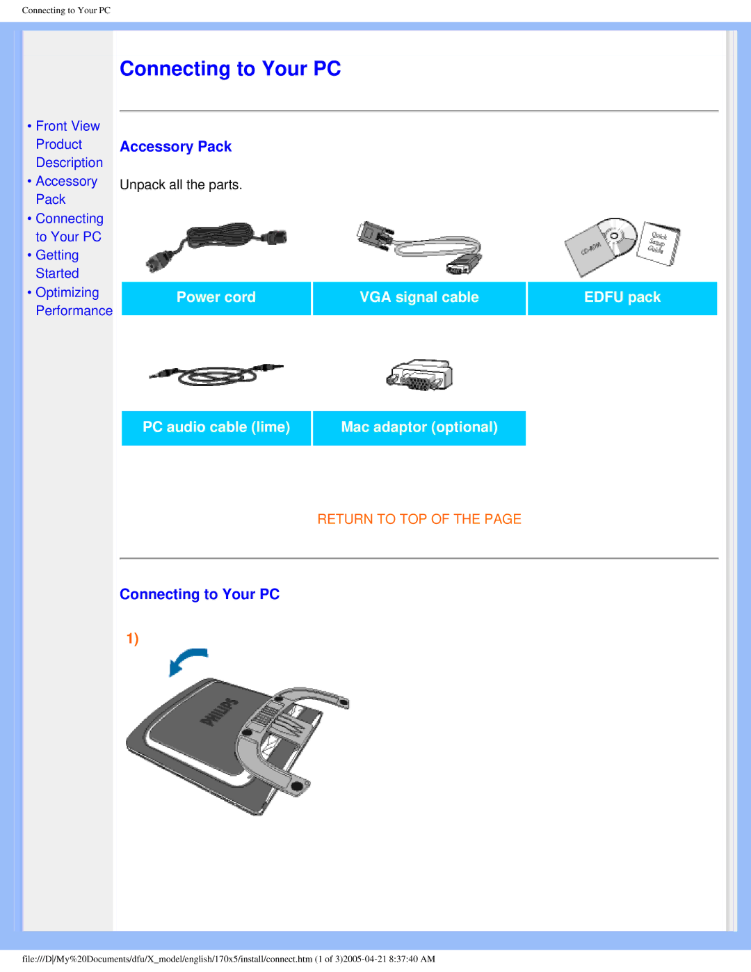 Philips 170x5 user manual Connecting to Your PC 