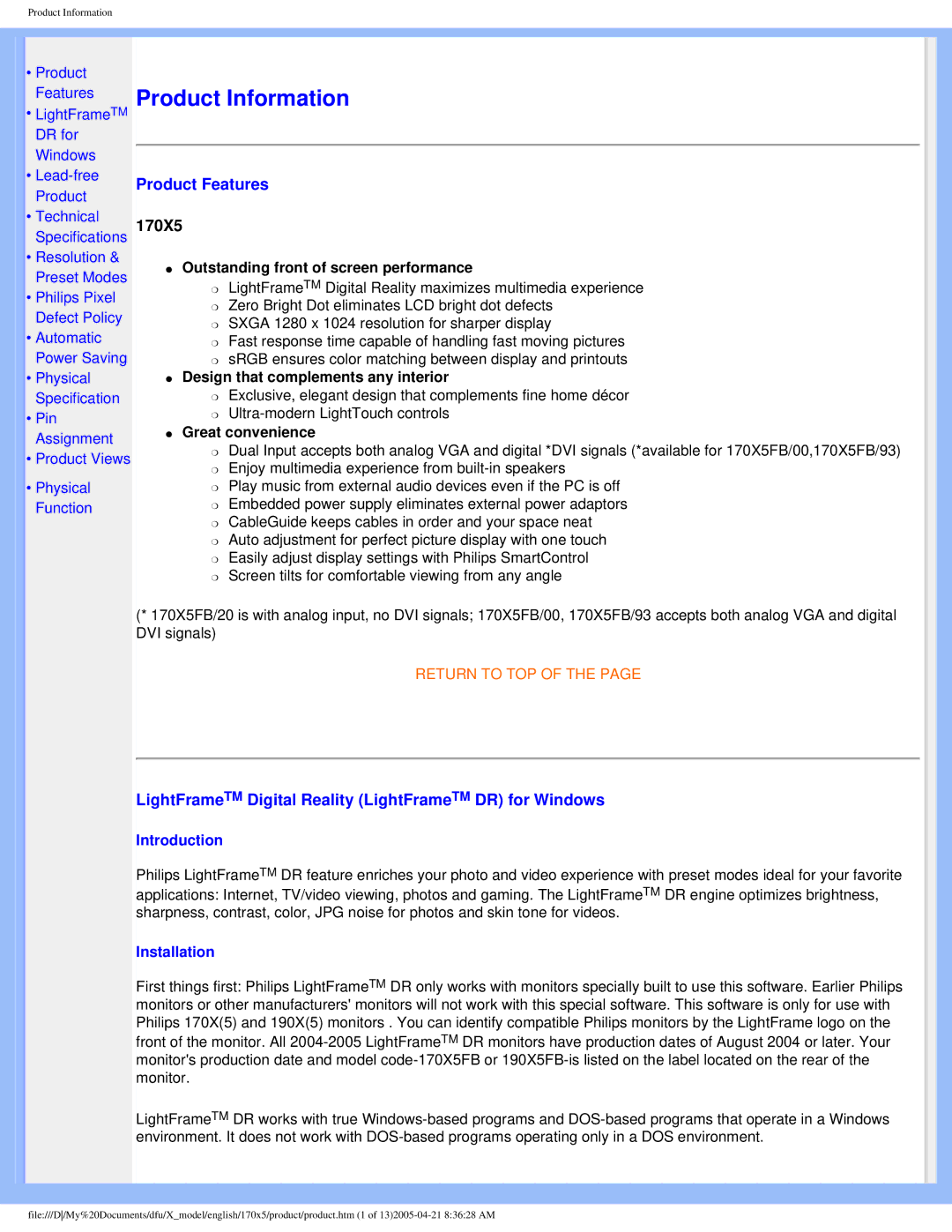 Philips 170x5 user manual Product Features, LightFrameTM Digital Reality LightFrameTM DR for Windows 