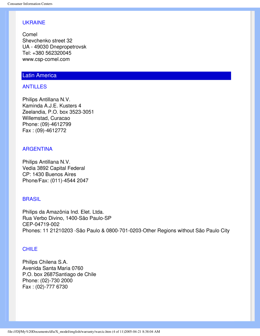 Philips 170x5 user manual Ukraine, Antilles, Argentina, Brasil, Chile 