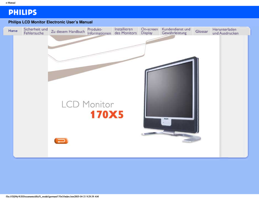 Philips 170X5FB/00, 170X5FB/93 user manual Philips LCD Monitor Electronic User’s Manual, e-Manual 
