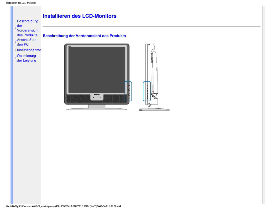 Philips 170X5FB/93, 170X5FB/00 Installieren des LCD-Monitors, des Produkts Beschreibung der Vorderansicht des Produkts 