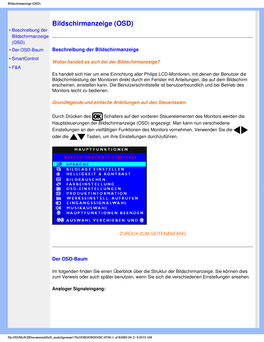 Philips 170X5FB/00 Bildschirmanzeige OSD, Beschreibung der Bildschirmanzeige, Der OSD-Baum, Zurück Zum Seitenanfang 