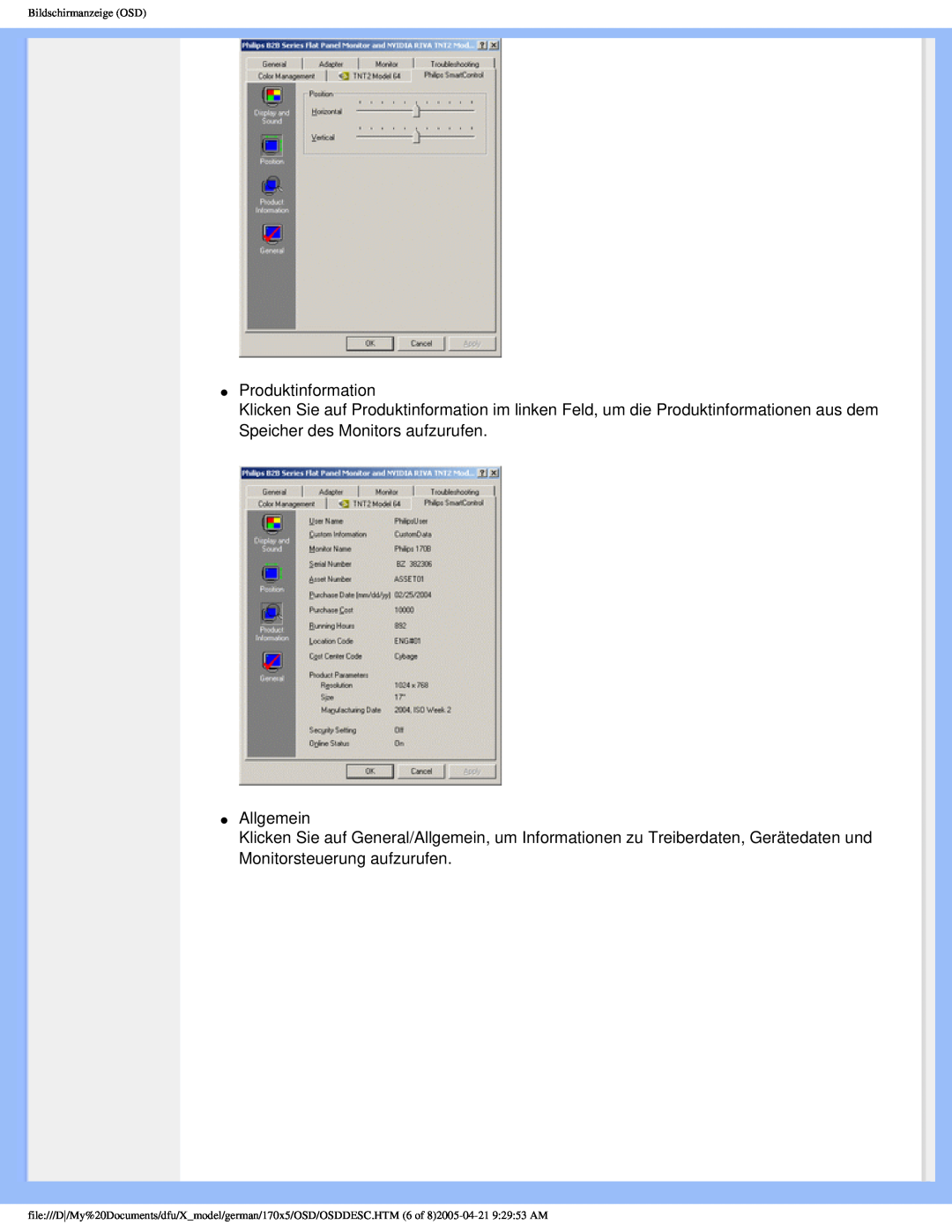 Philips 170X5FB/93, 170X5FB/00 user manual Produktinformation, Allgemein, Bildschirmanzeige OSD 
