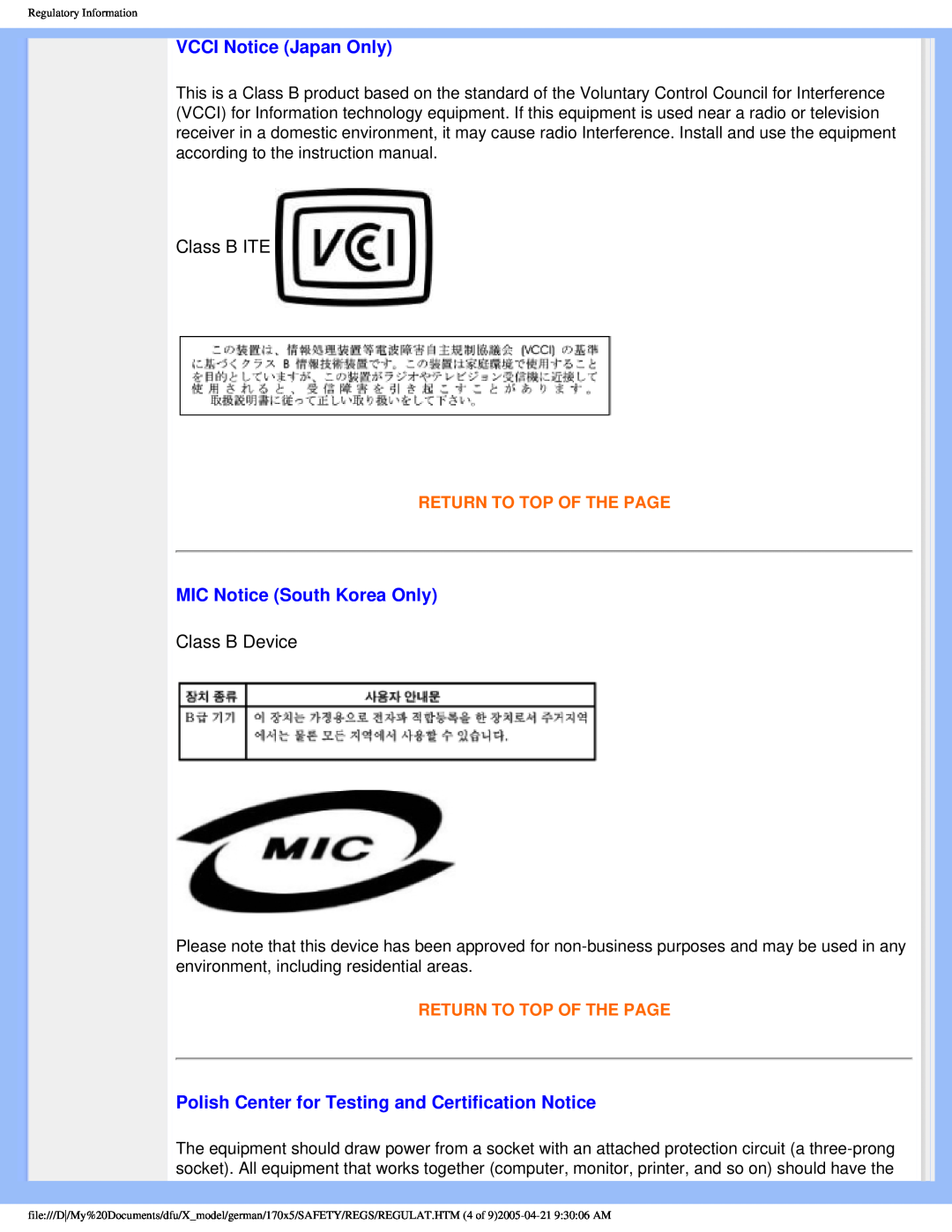 Philips 170X5FB/93 VCCI Notice Japan Only, MIC Notice South Korea Only, Polish Center for Testing and Certification Notice 