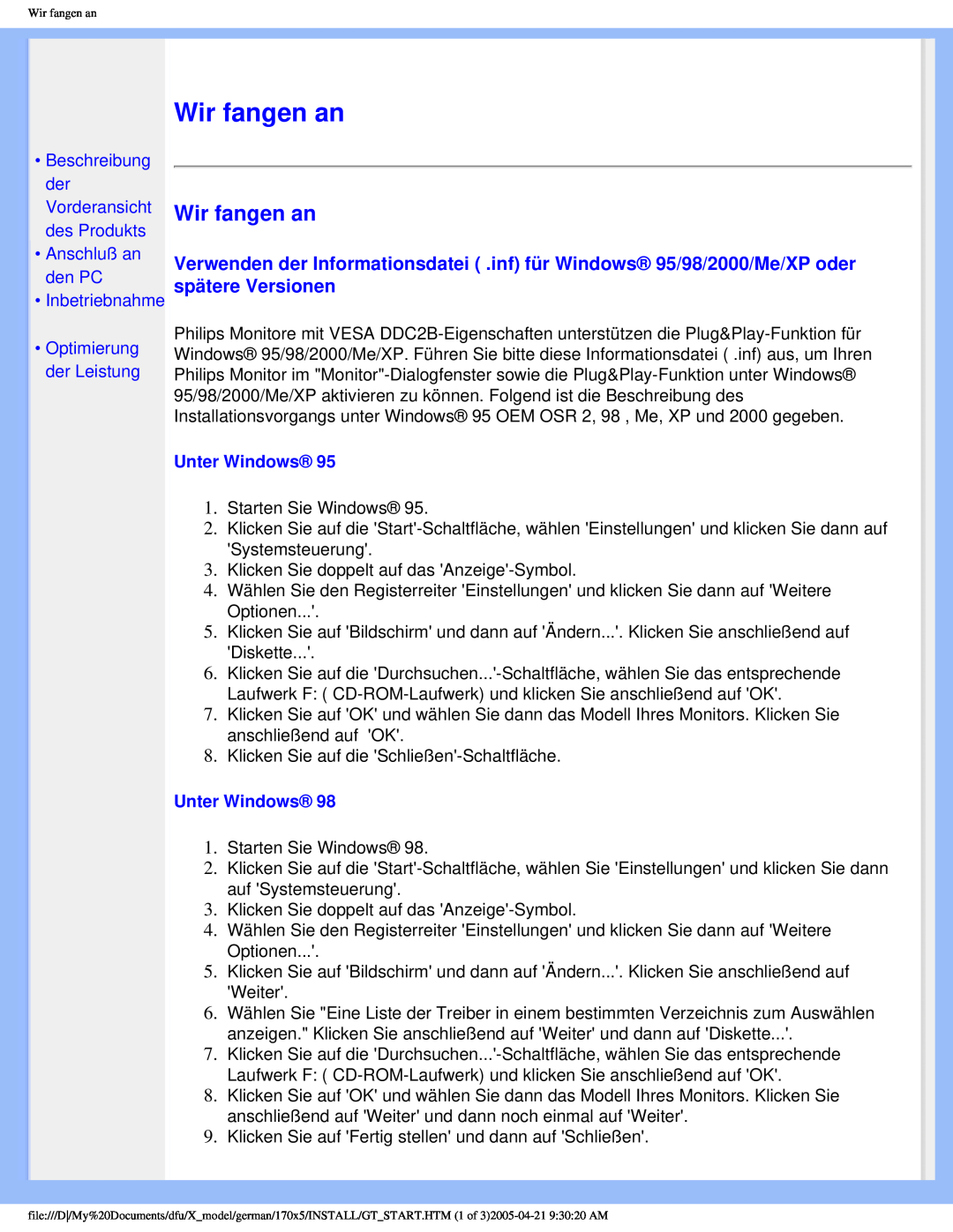 Philips 170X5FB/93 user manual Wir fangen an, Beschreibung der Vorderansicht des Produkts Anschluß an den PC, Unter Windows 