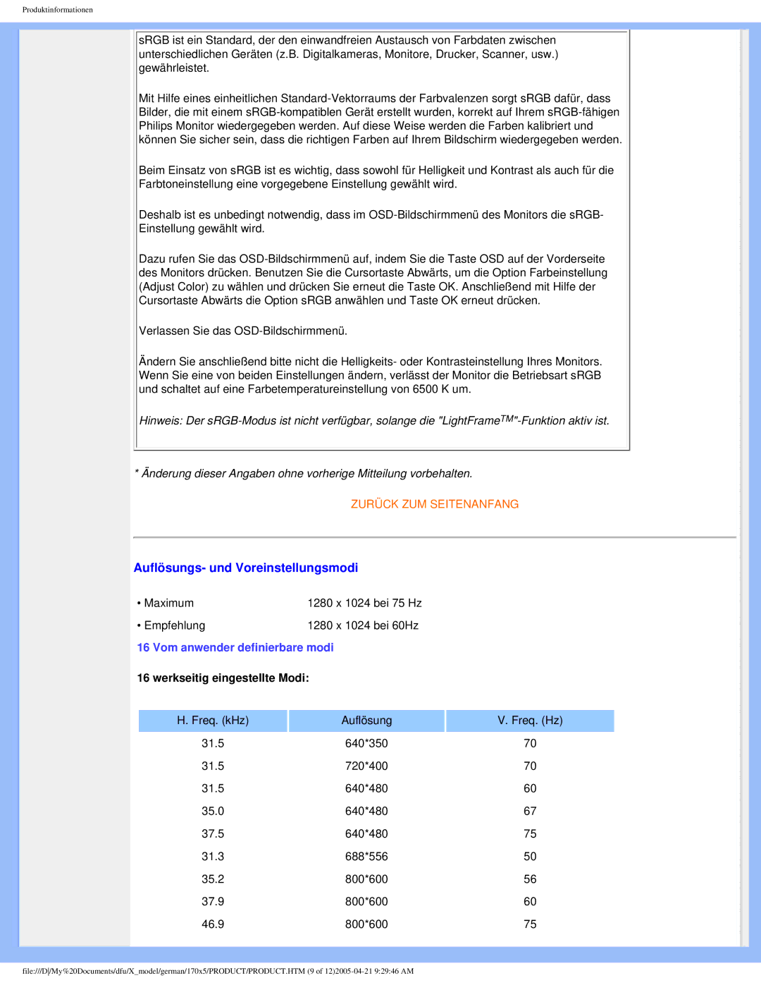 Philips 170X5FB/93, 170X5FB/00 user manual Auflösungs- und Voreinstellungsmodi 