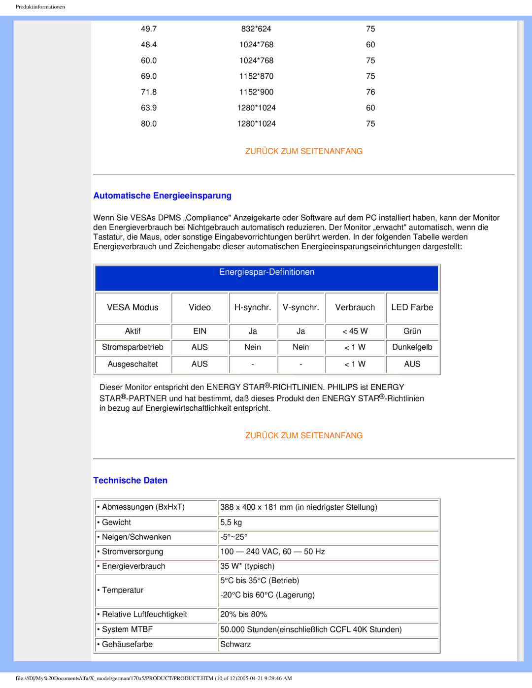 Philips 170X5FB/00, 170X5FB/93 user manual Automatische Energieeinsparung 