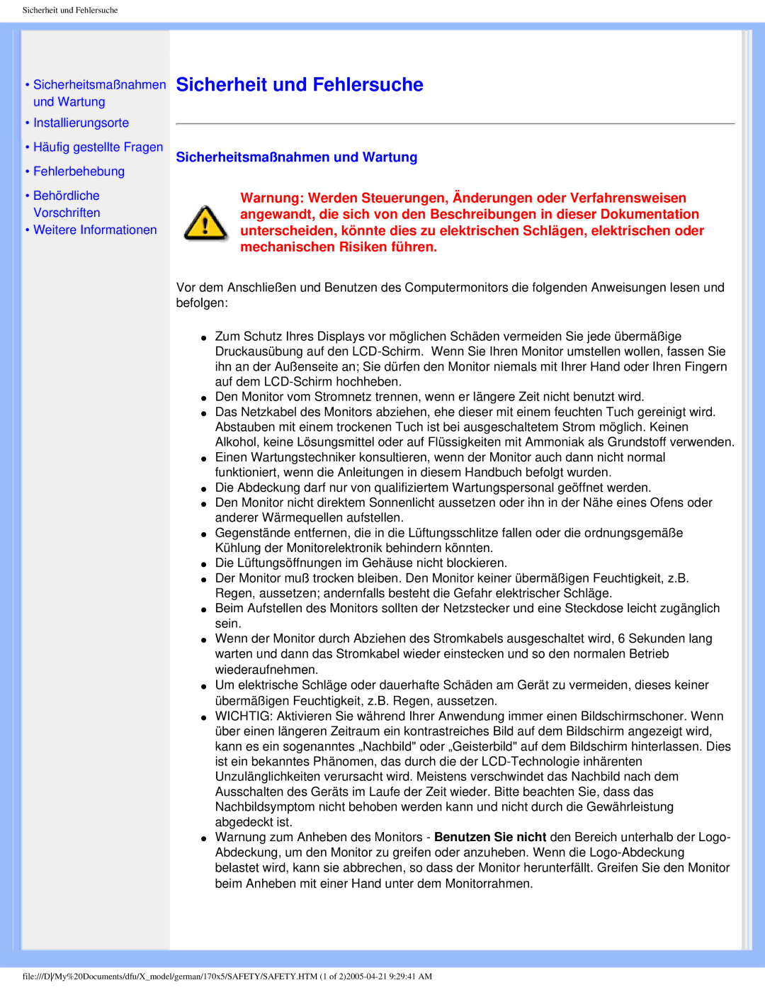 Philips 170X5FB/93, 170X5FB/00 user manual Sicherheit und Fehlersuche, Sicherheitsmaßnahmen und Wartung 