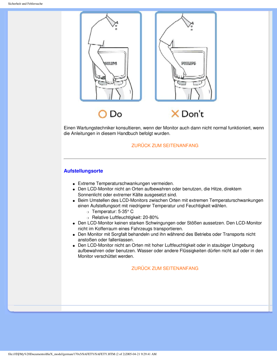 Philips 170X5FB/00, 170X5FB/93 user manual Aufstellungsorte 