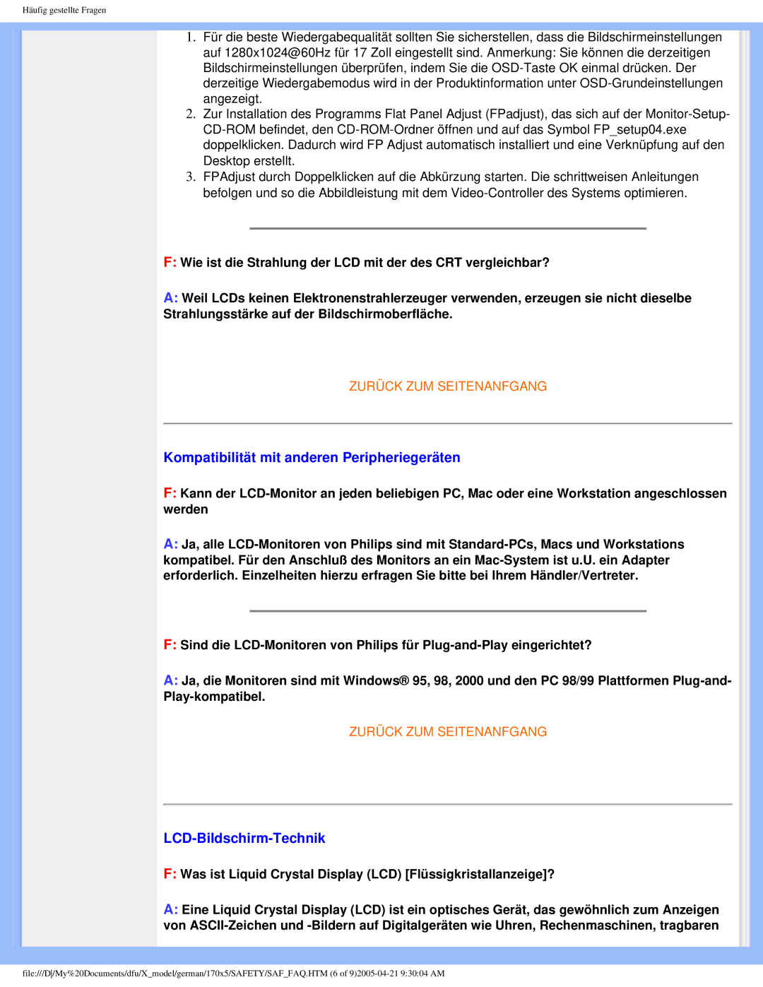 Philips 170X5FB/93, 170X5FB/00 user manual Kompatibilität mit anderen Peripheriegeräten, LCD-Bildschirm-Technik 