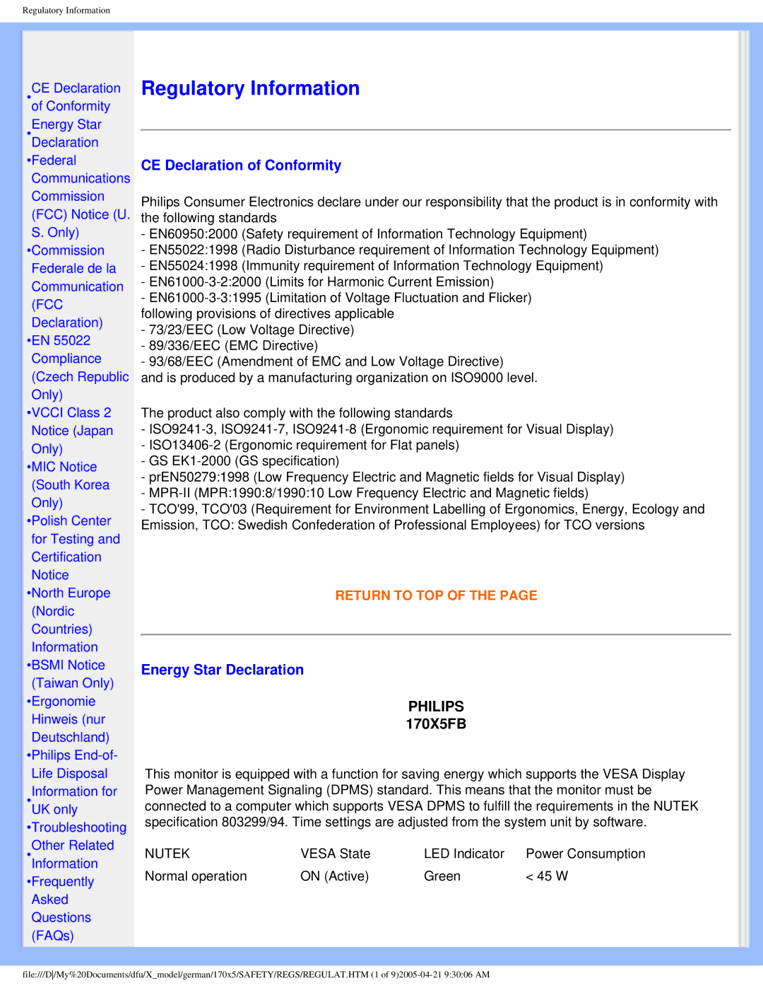 Philips 170X5FB/00, 170X5FB/93 user manual CE Declaration of Conformity, Energy Star Declaration 