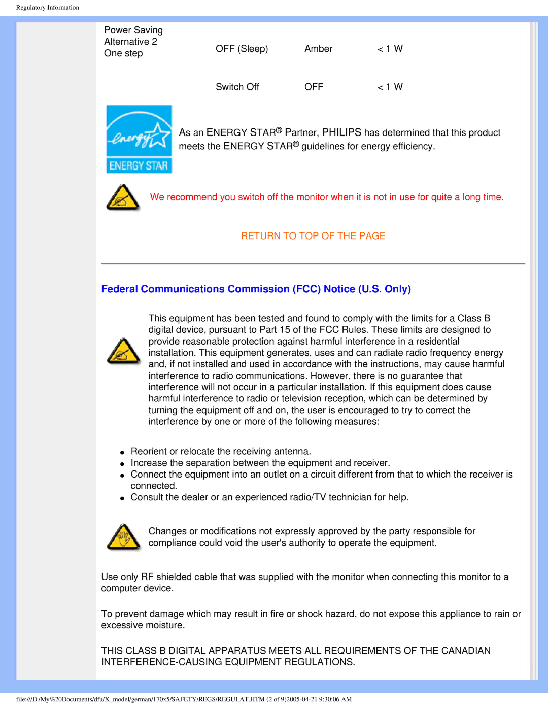 Philips 170X5FB/93, 170X5FB/00 user manual Federal Communications Commission FCC Notice U.S. Only, Off 