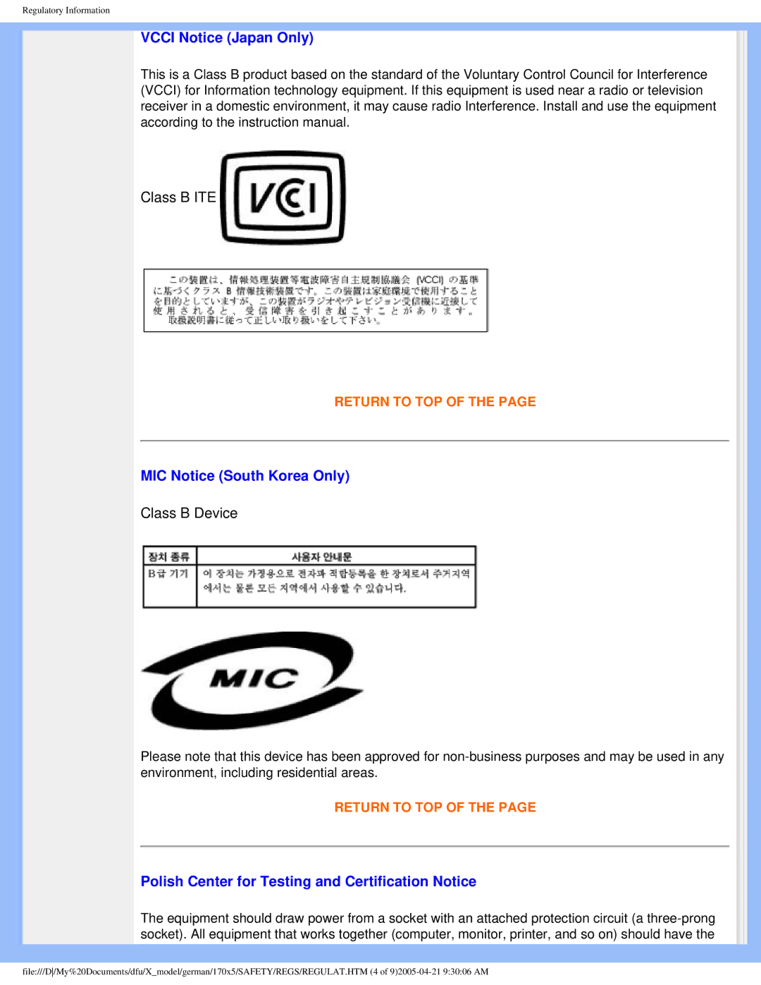 Philips 170X5FB/93 Vcci Notice Japan Only, MIC Notice South Korea Only, Polish Center for Testing and Certification Notice 