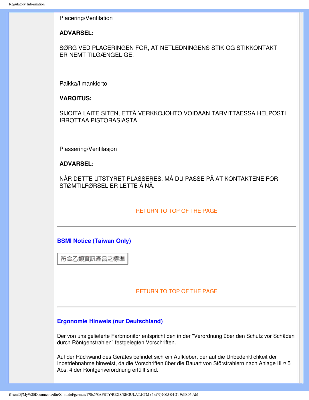 Philips 170X5FB/93, 170X5FB/00 user manual Bsmi Notice Taiwan Only, Ergonomie Hinweis nur Deutschland 