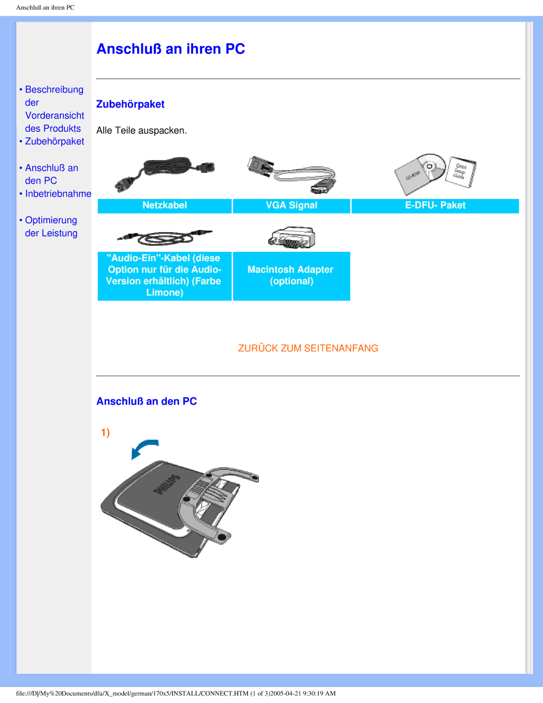 Philips 170X5FB/00, 170X5FB/93 user manual Anschluß an ihren PC 