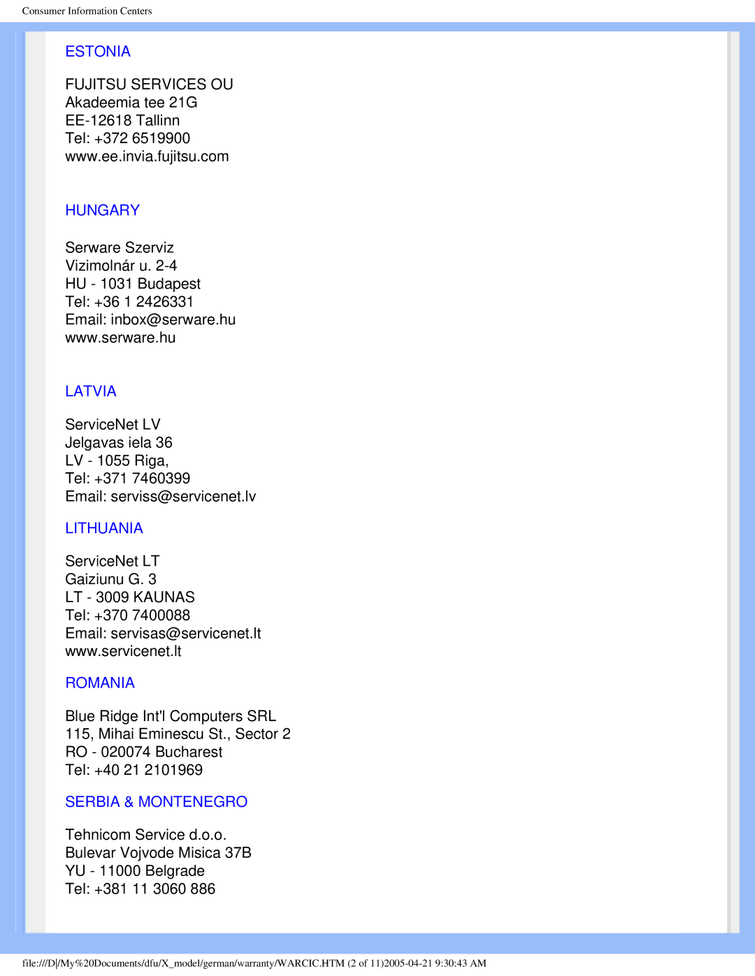 Philips 170X5FB/00, 170X5FB/93 user manual Estonia, Hungary, Latvia, Lithuania, Romania, Serbia & Montenegro 