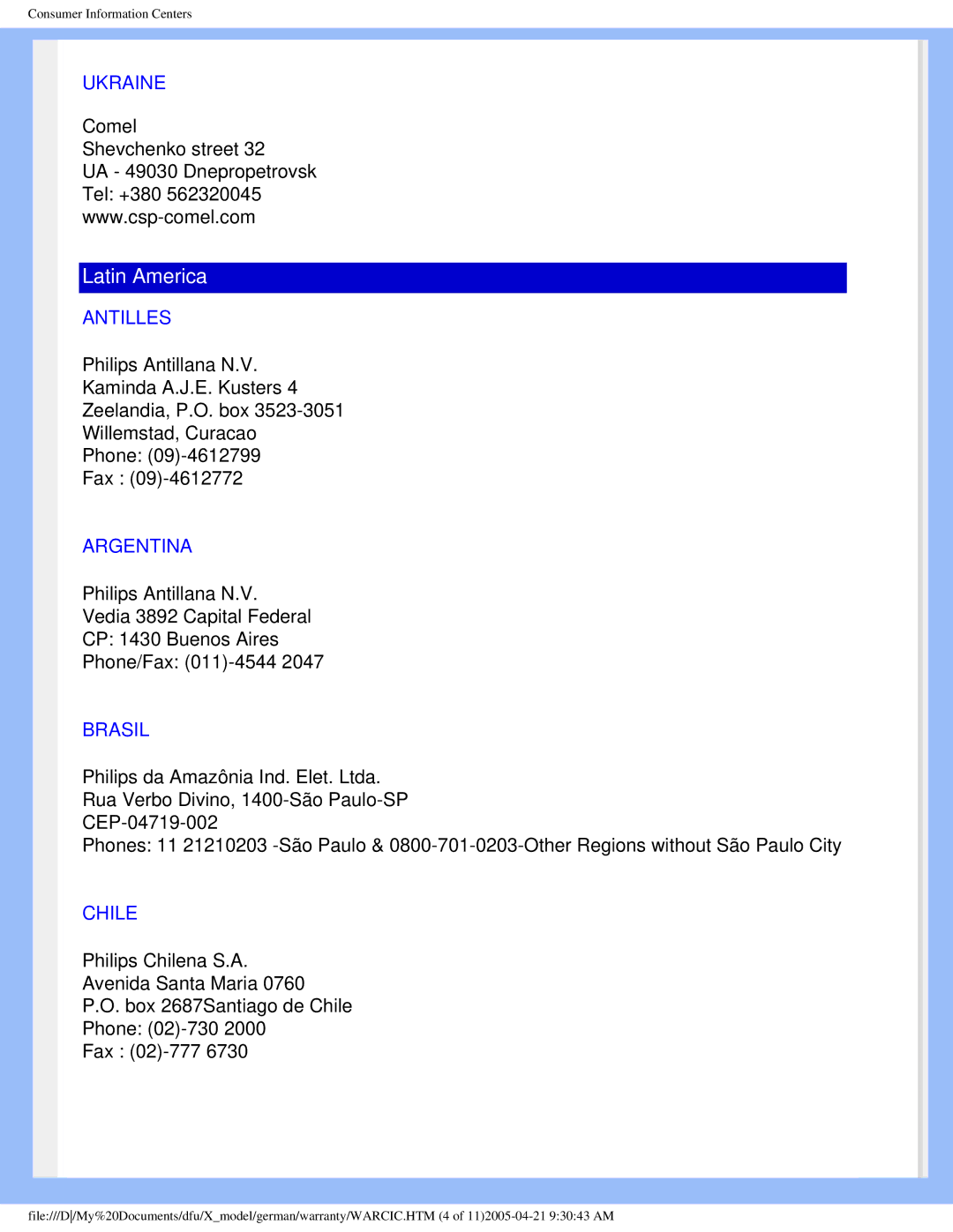 Philips 170X5FB/00, 170X5FB/93 user manual Ukraine, Antilles, Argentina, Brasil, Chile 