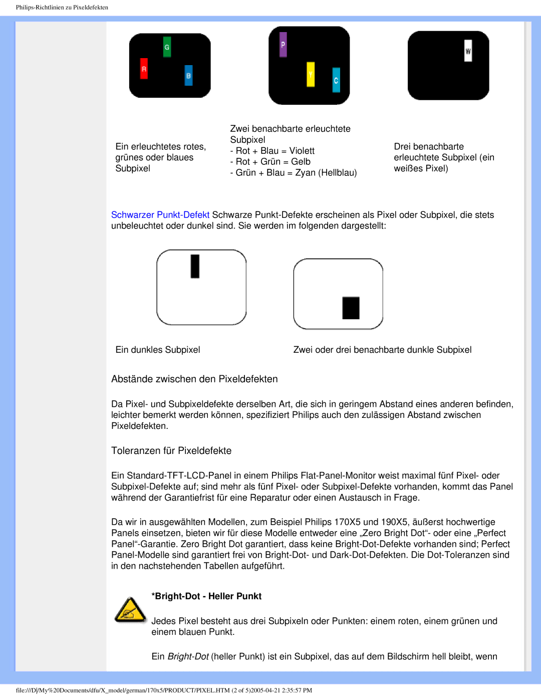 Philips 170X5FB/93, 170X5FB/00 user manual Abstände zwischen den Pixeldefekten, Bright-Dot Heller Punkt 